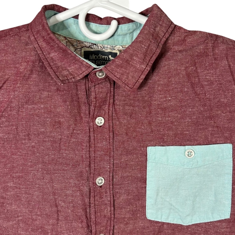 Modern Amusement Mens Short Sleeve Button Up Shirt Red Linen Blend Pocket Size L